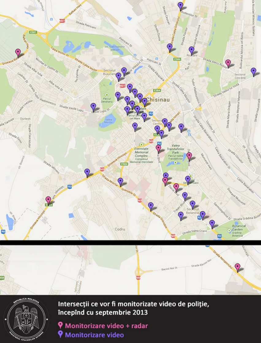 Подробная карта перекрестков в г. Кишиневе, где будут установлены камеры видеонаблюдения и радары